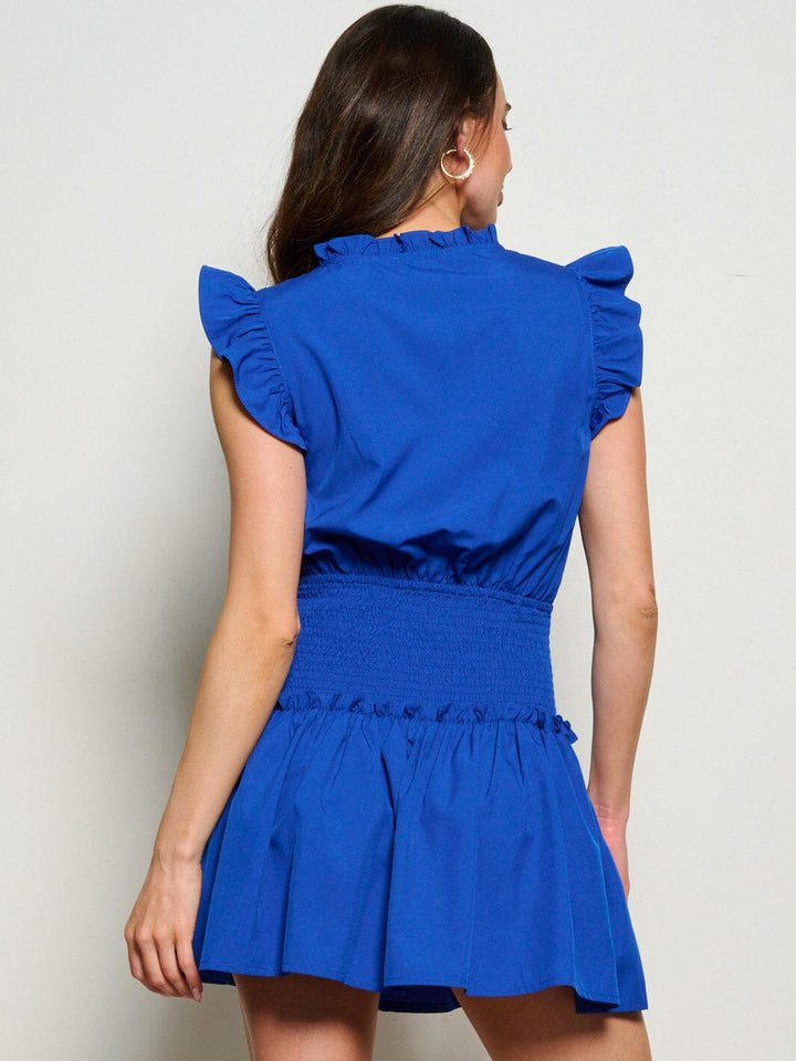 WOMEN'S RUFFLE SLEEVE V-NECK SMOCK FIT & FLARE MINI DRESS