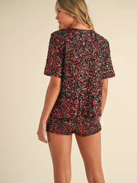 WOMEN'S SHORT SLEEVE TOP & MINI SHORTS SEQUINS 2PC. SET