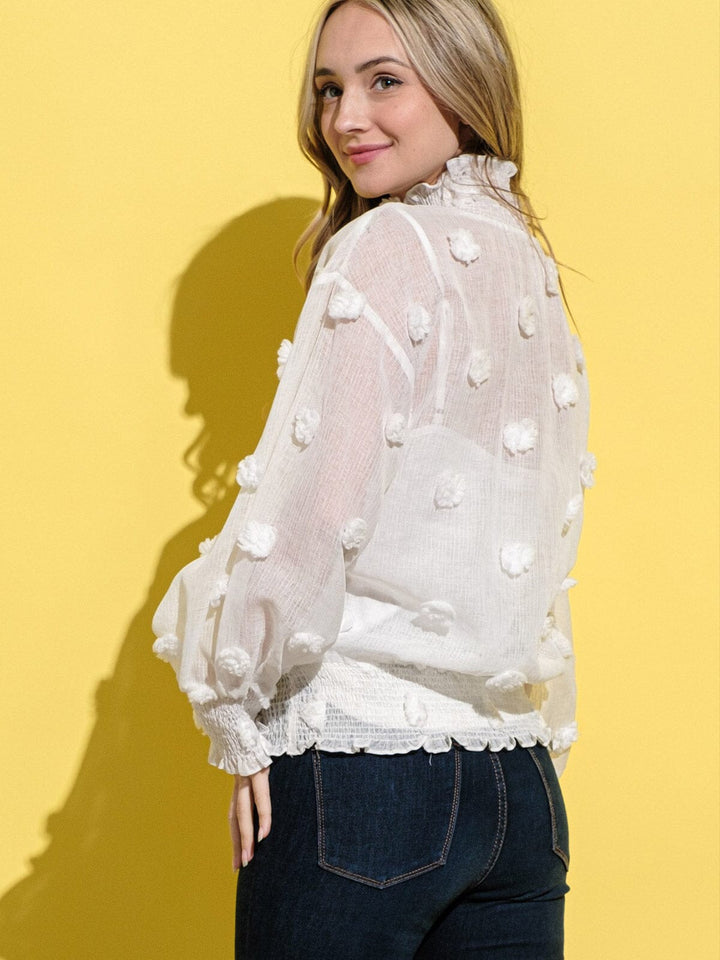 WOMEN'S LONG SLEEVE SMOCK TURTLE NECK SWISS DETAILED BLOUSE