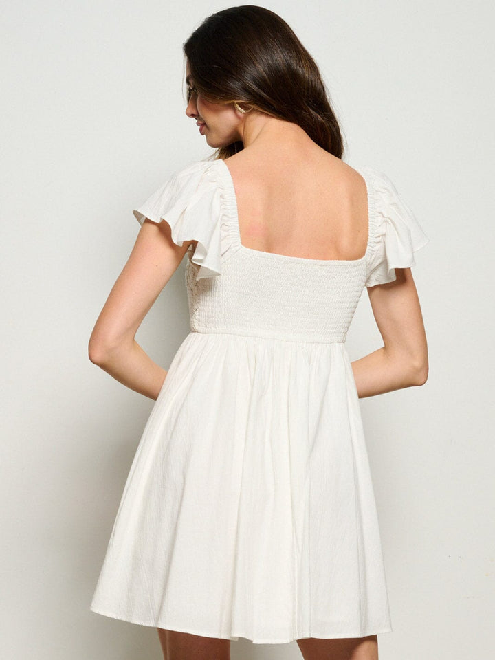WOMEN'S SHORT RUFFLE SLEEVE V-NECK CROCHET MINI DRESS