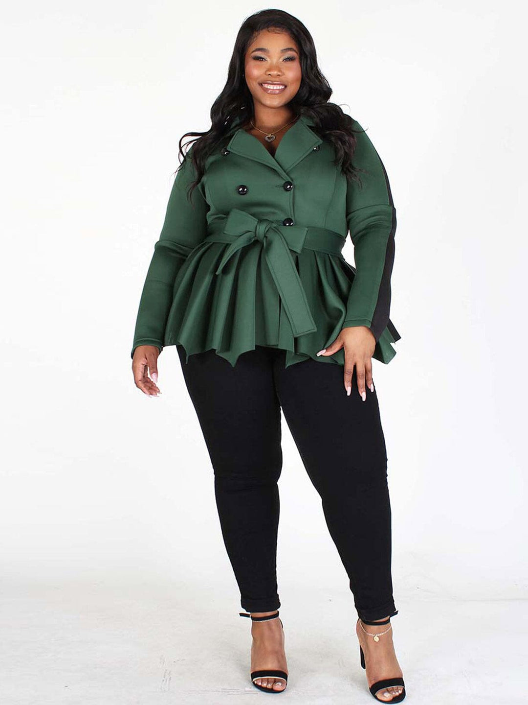 PLUS SIZE LONG SLEEVES BUTTON CLOSURE PEPLUM COLORBLOCK JACKET