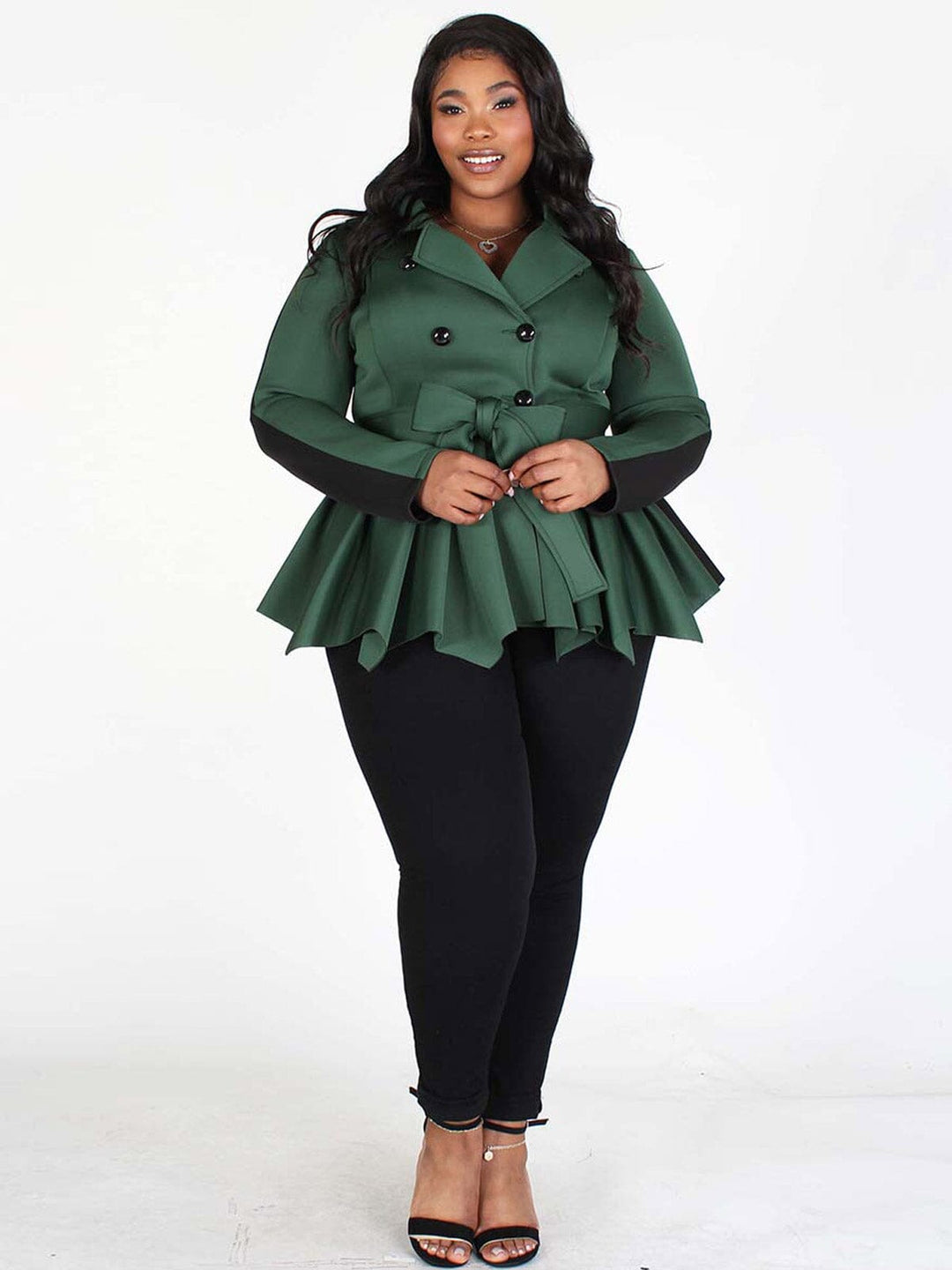 PLUS SIZE LONG SLEEVES BUTTON CLOSURE PEPLUM COLORBLOCK JACKET
