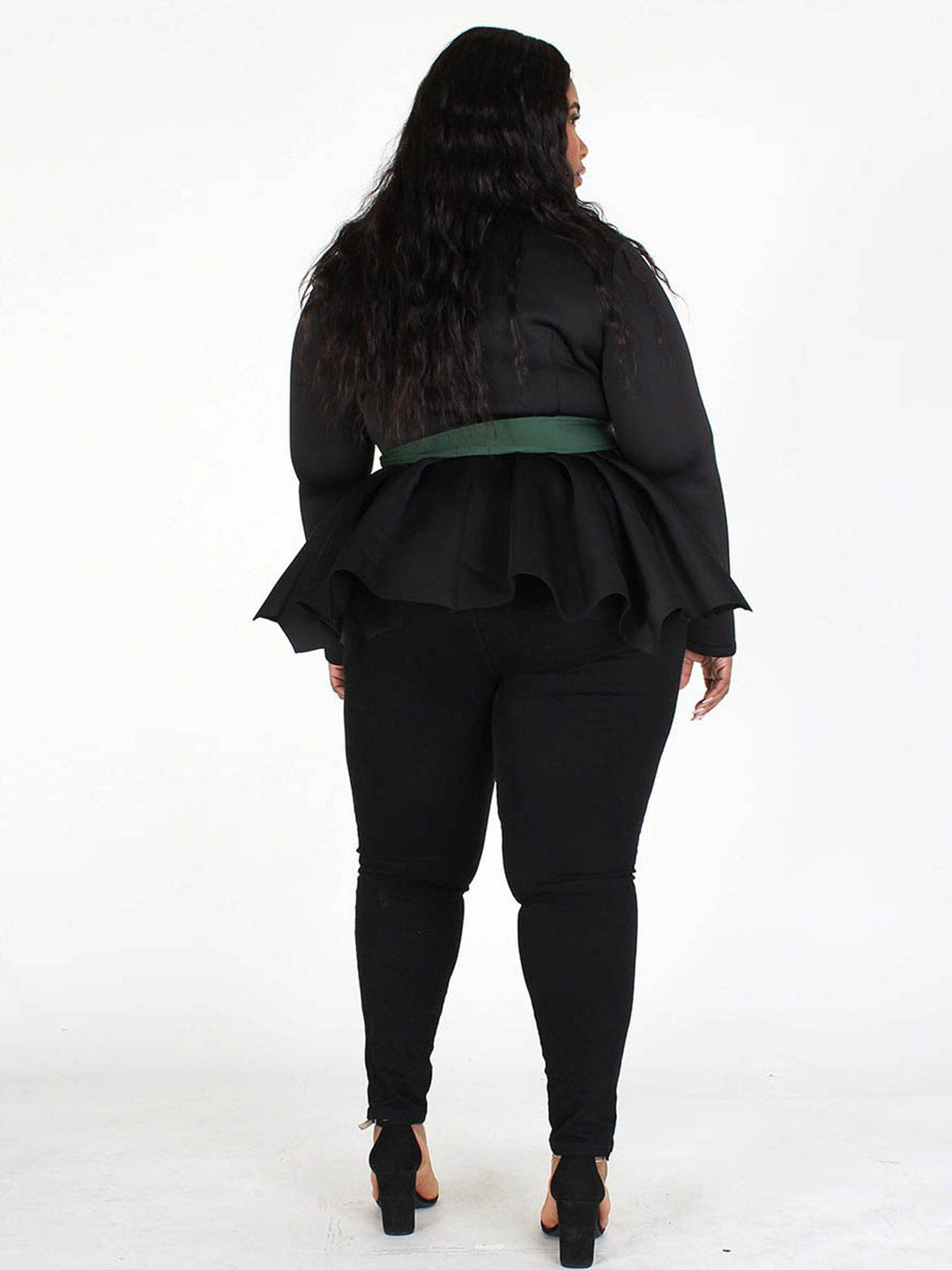 PLUS SIZE LONG SLEEVES BUTTON CLOSURE PEPLUM COLORBLOCK JACKET