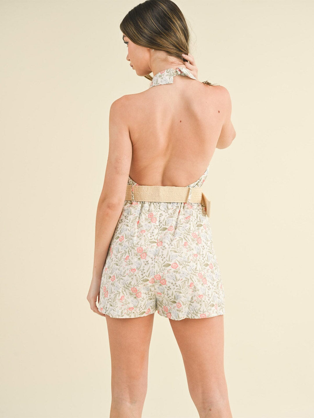 WOMEN'S SLEEVELESS HALTER NECK OPEN BACK FLORAL BELTED ROMPER
