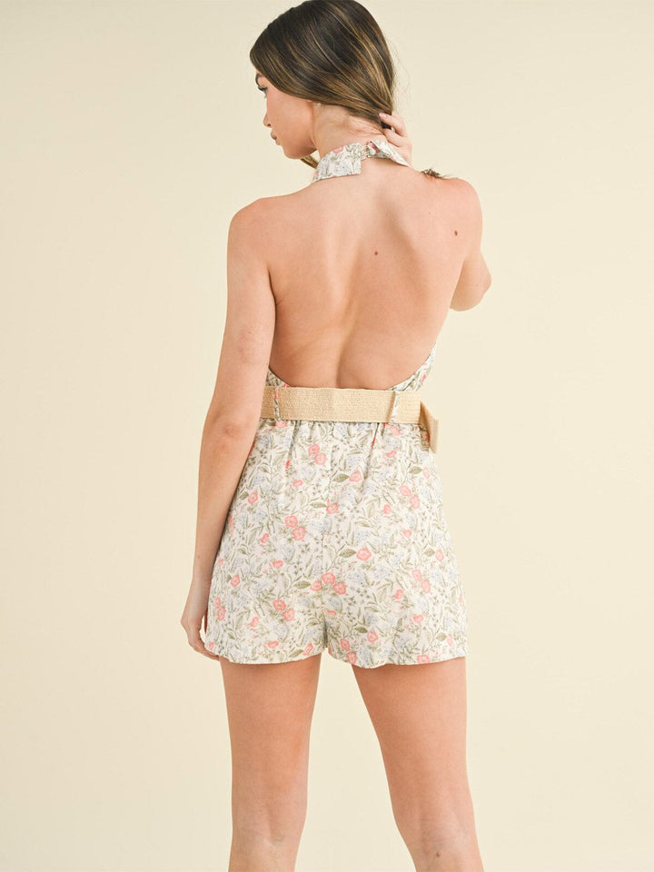 WOMEN'S SLEEVELESS HALTER NECK OPEN BACK FLORAL BELTED ROMPER