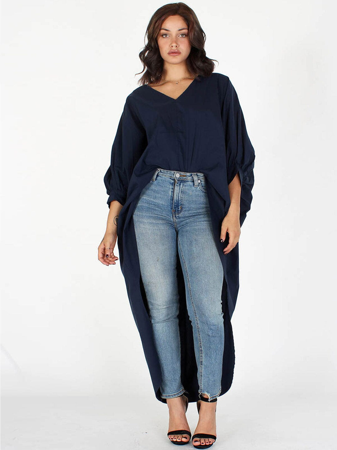WOMEN'S 3/4 SLEEVES V-NECK HIGH-LOW SOLID TUNIC TOP