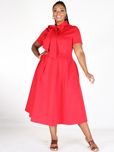 PLUS SIZE SHORT SLEEVE POCKETS NECK TIE FIT & FLARE MIDI DRESS