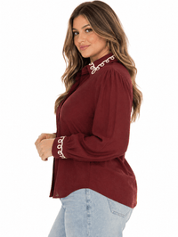 PLUS SIZE LONG SLEEVE BUTTON UP EMBROIDERY TRIM DETAILED BLOUSE