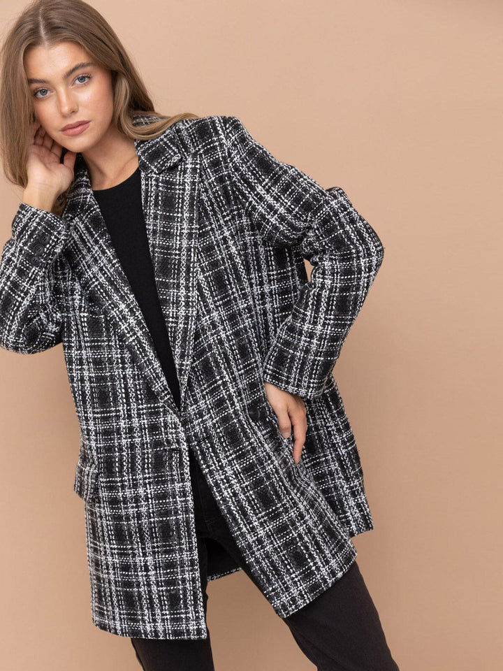 WOMEN'S LONG SLEEVE BUTTON CLOSURE POCKETS PLAID BLAZER