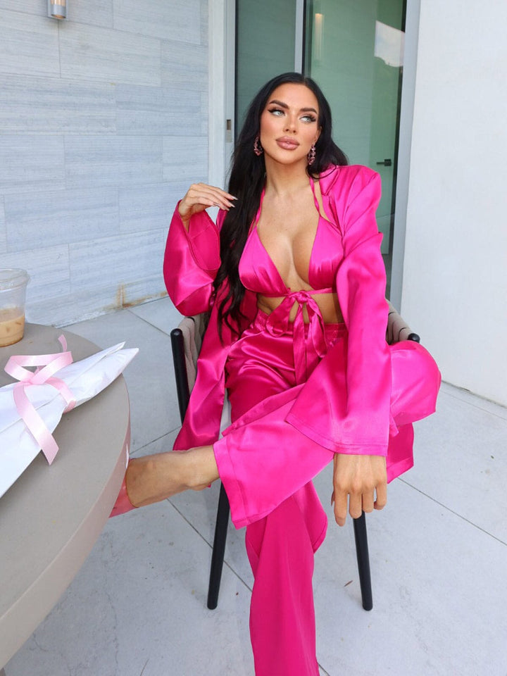 WOMEN'S LONG SLEEVE CARDIGAN WITH BRALETTE & ELASTIC WAIST PANTS SATIN 3PC. SET