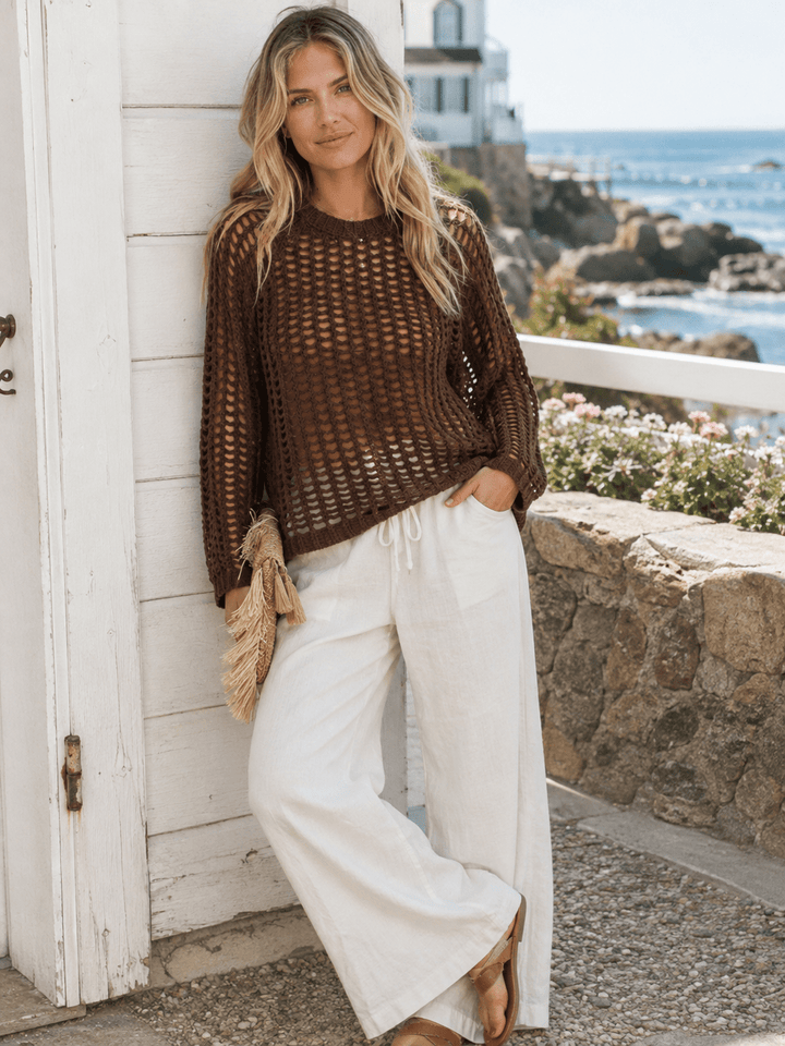 WOMEN'S LONG SLEEVE CROCHET PULLOVER SWEATER