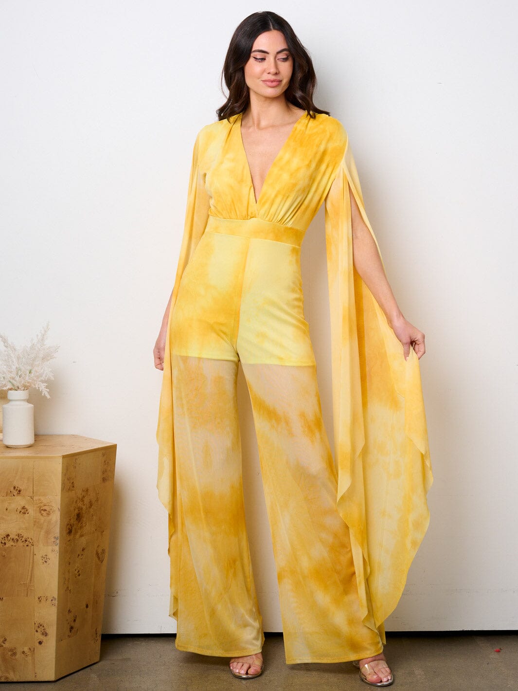 WOMEN'S LONG BELL SLEEVE V-NECK WIDE LEG TIE DYE JUMPSUIT