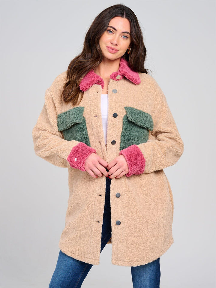 WOMEN'S LONG SLEEVE BUTTON CLOSURE FRONT POCKETS COLORBLOCK SHERPA JACKET