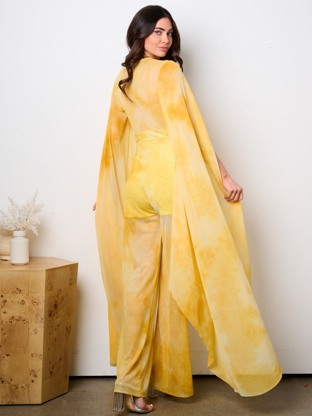 WOMEN'S LONG BELL SLEEVE V-NECK WIDE LEG TIE DYE JUMPSUIT