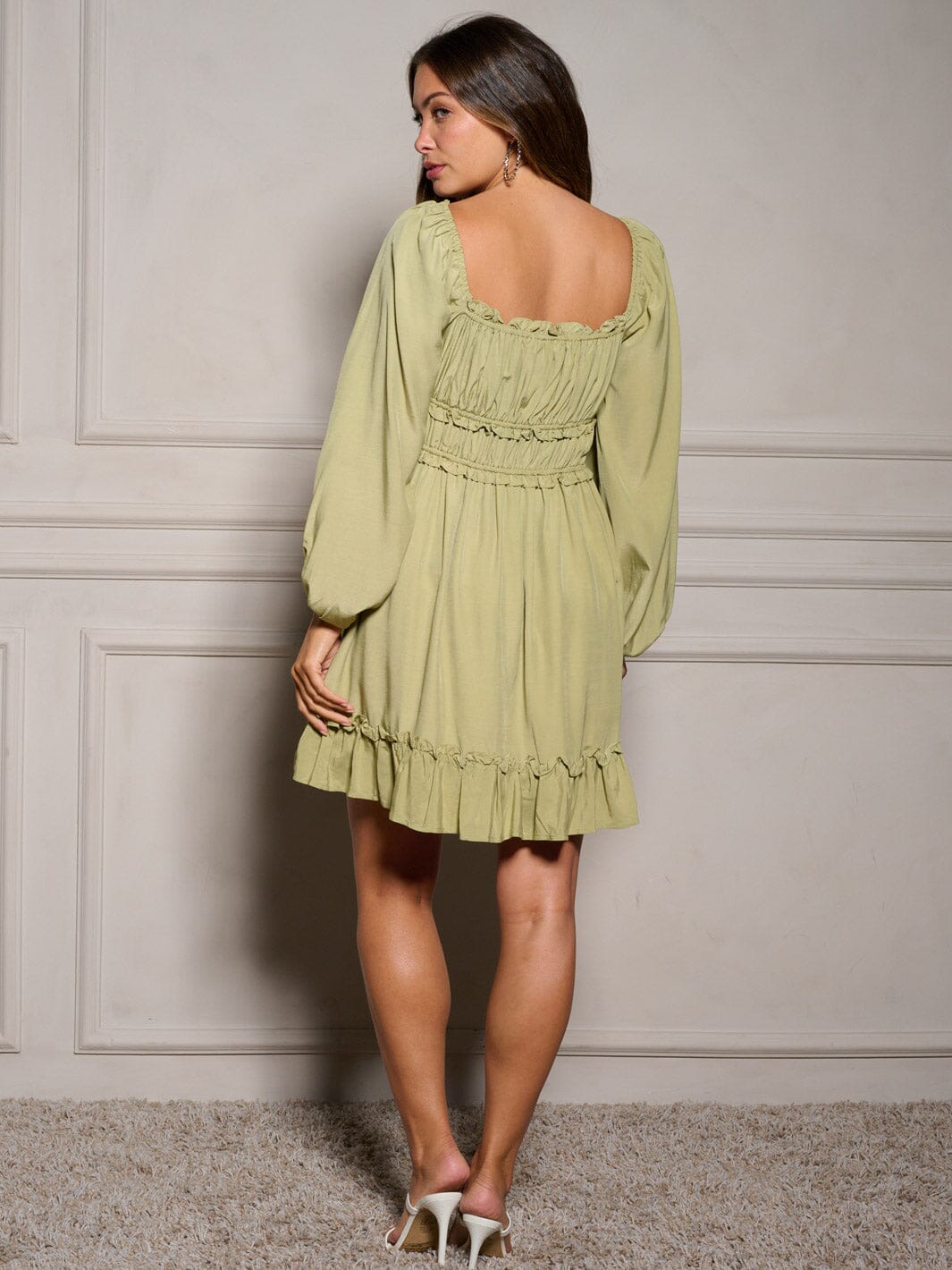 WOMEN'S LONG SLEEVE SQUARE NECK RUCHED RUFFLE MINI DRESS