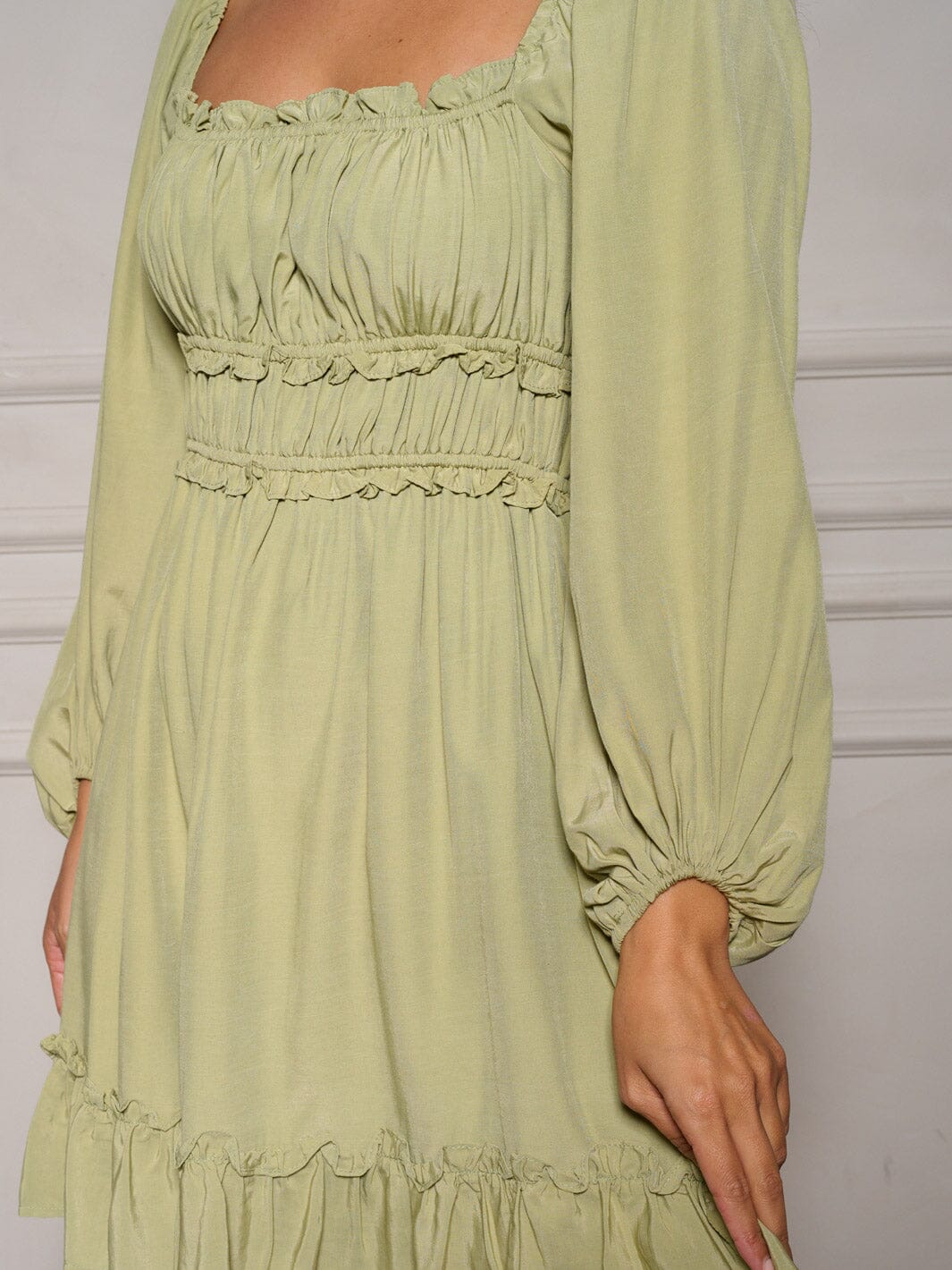 WOMEN'S LONG SLEEVE SQUARE NECK RUCHED RUFFLE MINI DRESS