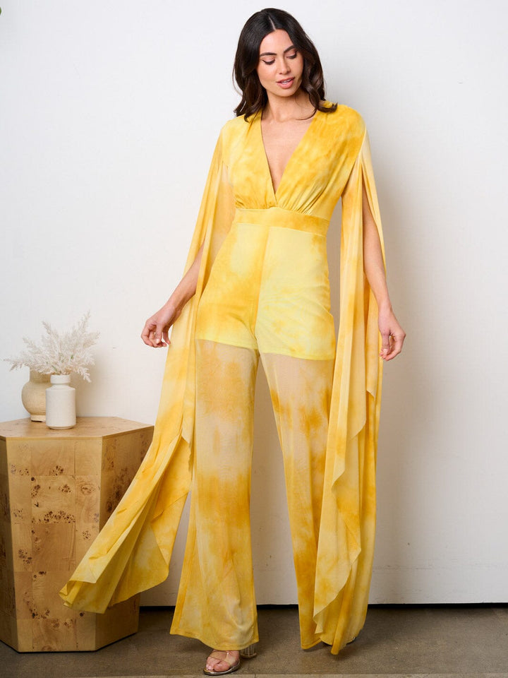 WOMEN'S LONG BELL SLEEVE V-NECK WIDE LEG TIE DYE JUMPSUIT