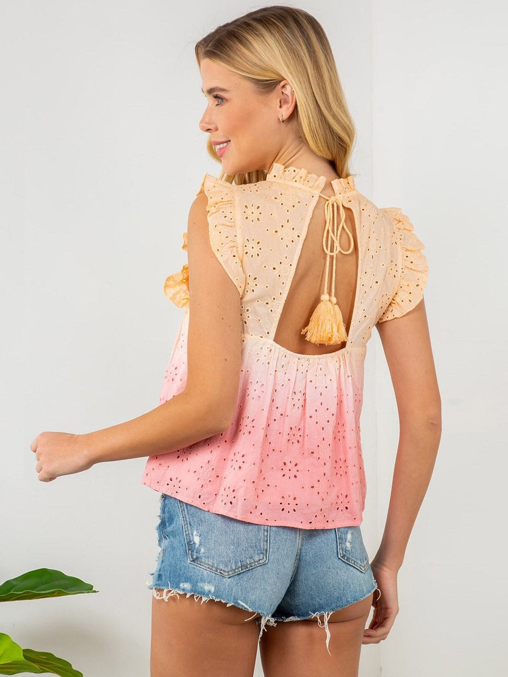 WOMENS SLEEVELESS RUFFLE TIE DYE EYELET TOP