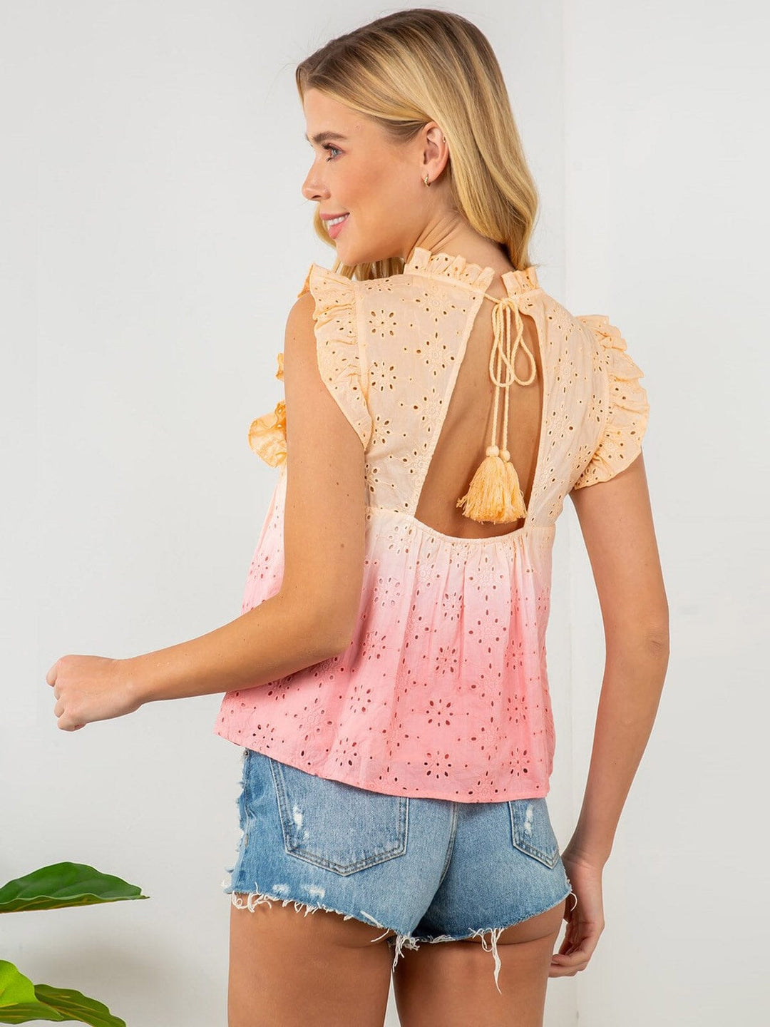WOMENS SLEEVELESS RUFFLE TIE DYE EYELET TOP