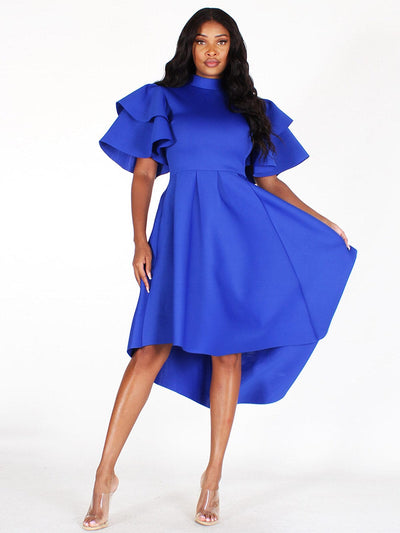 WOMEN'S SHORT RUFFLE SLEEVE POCKETS HIGH-LOW MIDI DRESS