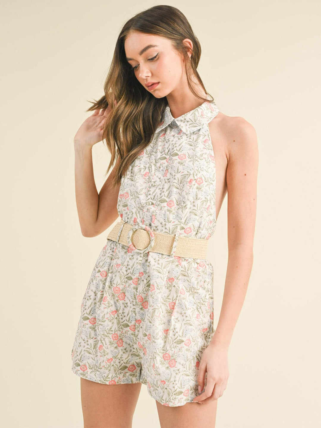 WOMEN'S SLEEVELESS HALTER NECK OPEN BACK FLORAL BELTED ROMPER