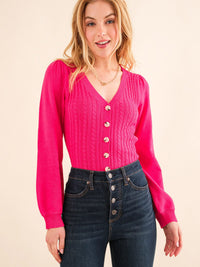WOMEN'S LONG SLEEVE V-NECK BUTTON UP KNIT BODYSUIT
