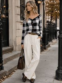 WOMEN'S LONG SLEEVE V-NECK BUTTON DETAILED PLAID TOP