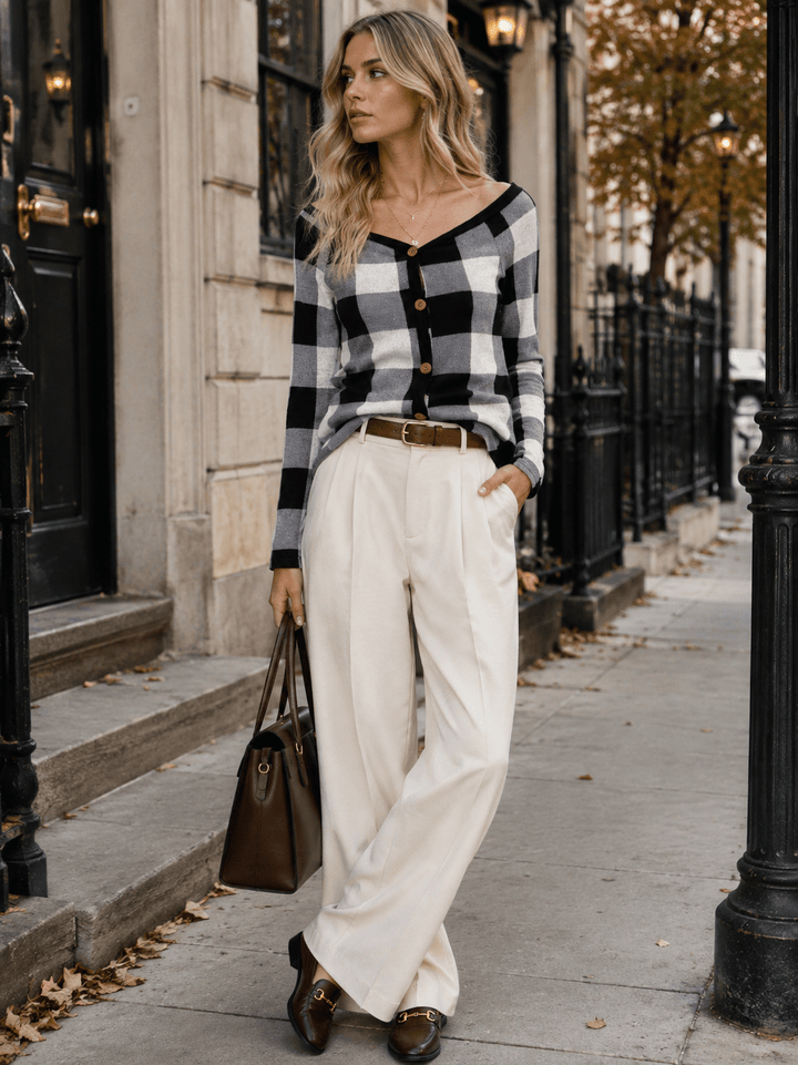 WOMEN'S LONG SLEEVE V-NECK BUTTON DETAILED PLAID TOP