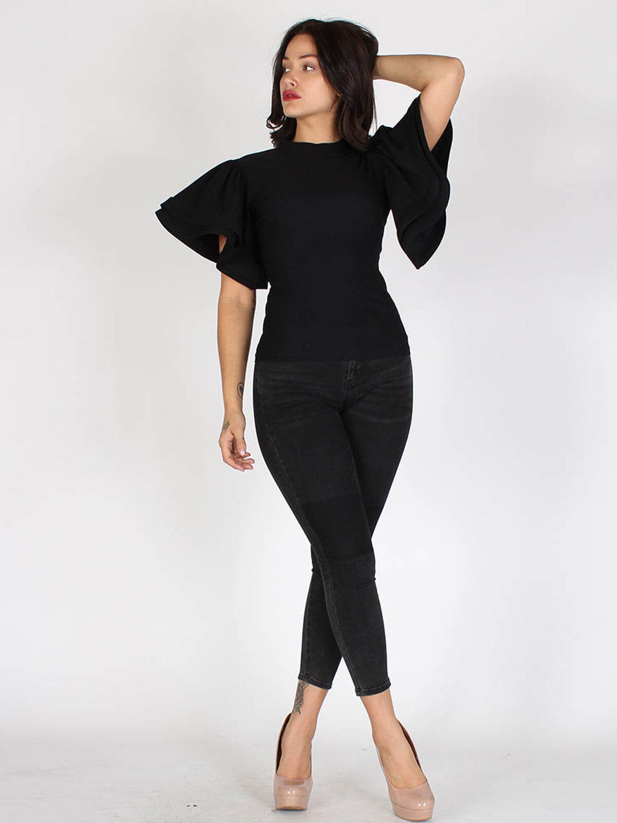 Mid Blue Relaxed Fit Puffy Sleeves Denim Top