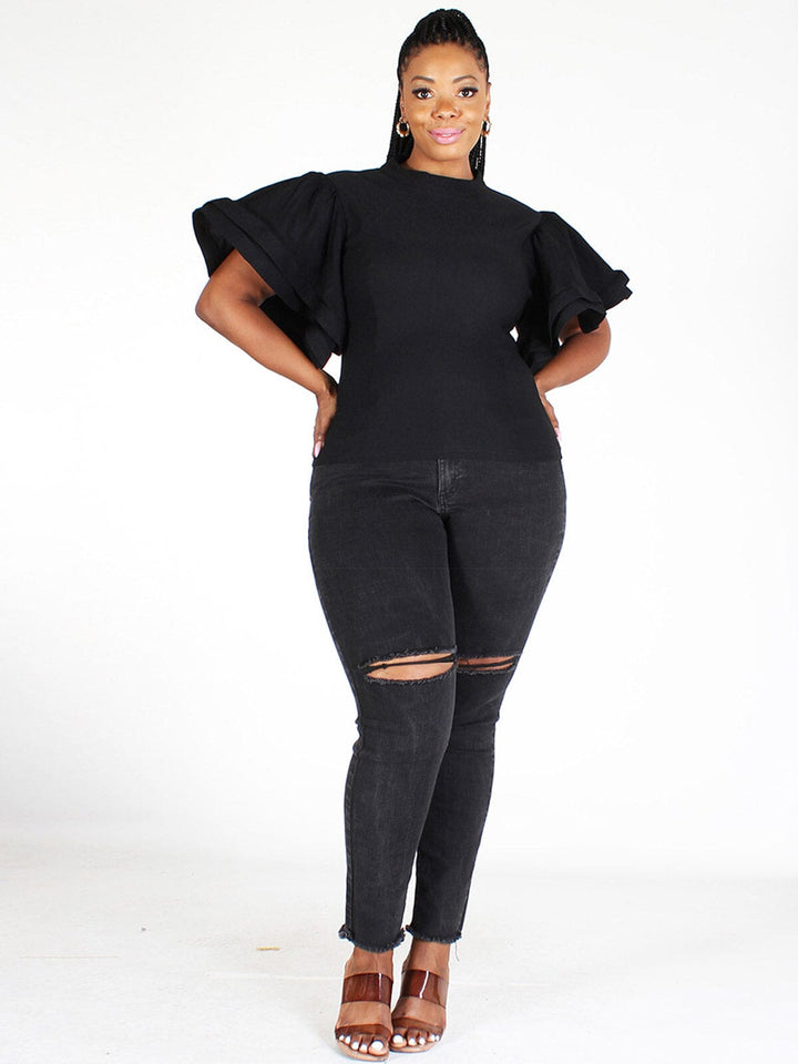 PLUS SIZE RUFFLE PUFF SLEEVES DENIM TOP
