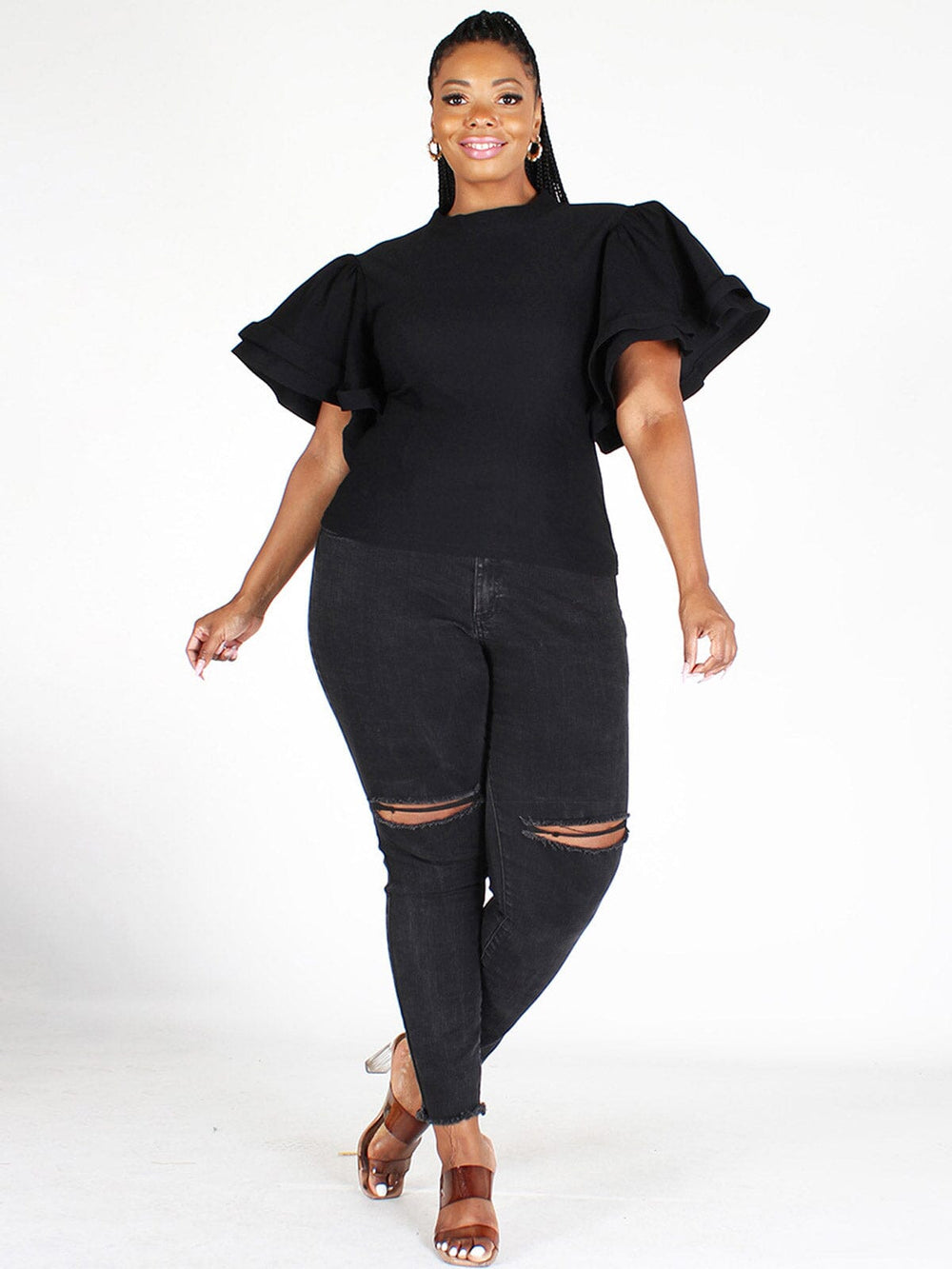 PLUS SIZE RUFFLE PUFF SLEEVES DENIM TOP