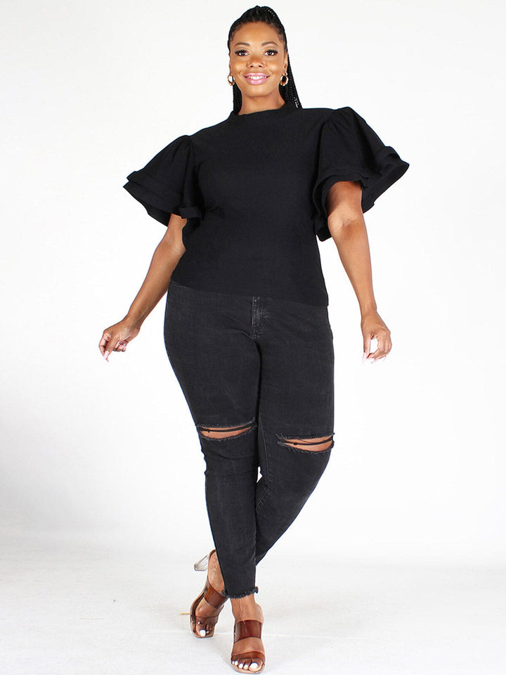 PLUS SIZE RUFFLE PUFF SLEEVES DENIM TOP