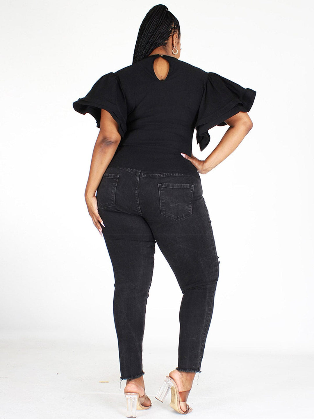 PLUS SIZE RUFFLE PUFF SLEEVES DENIM TOP