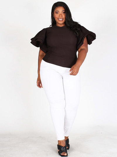 PLUS SIZE RUFFLE PUFF SLEEVES SOLID TOP