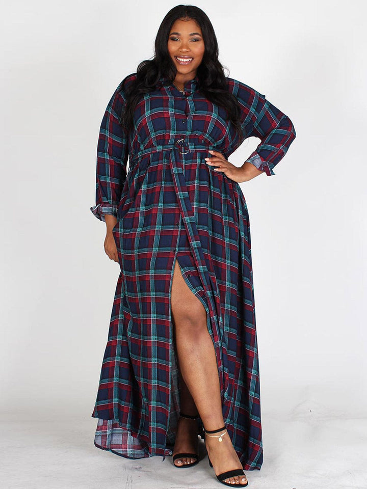 PLUS SIZE LONG SLEEVES BUTTON UP POCKETS PLAID MAXI DRESS