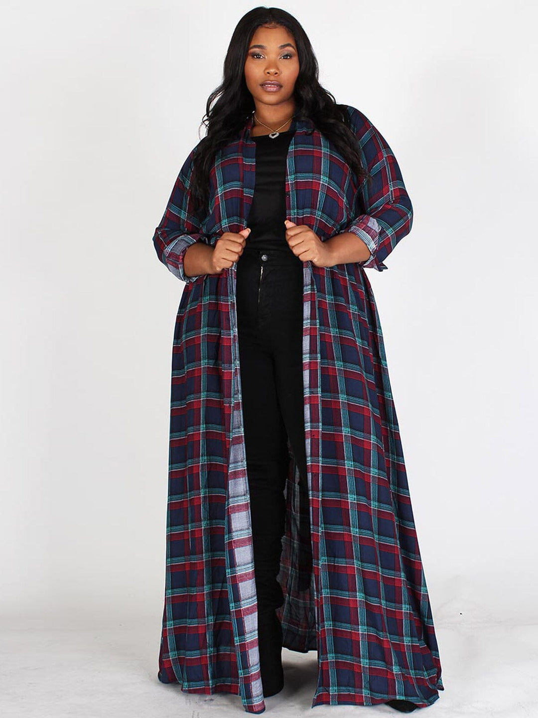 PLUS SIZE LONG SLEEVES BUTTON UP POCKETS PLAID MAXI DRESS