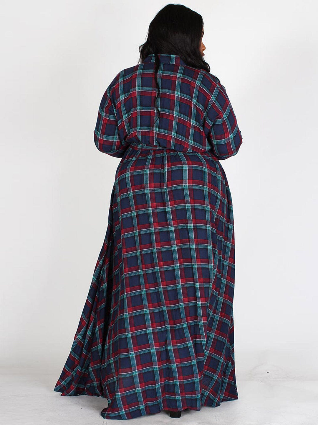 PLUS SIZE LONG SLEEVES BUTTON UP POCKETS PLAID MAXI DRESS