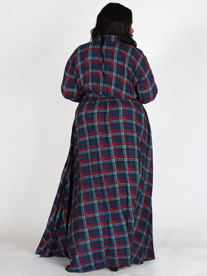 PLUS SIZE LONG SLEEVES BUTTON UP POCKETS PLAID MAXI DRESS