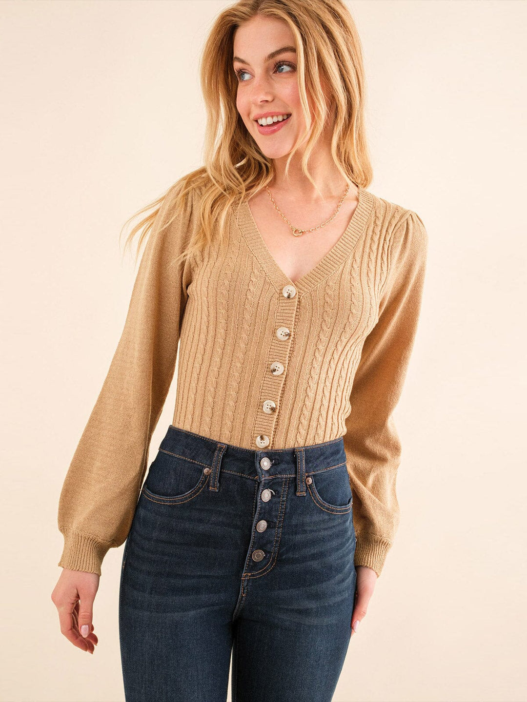 WOMEN'S LONG SLEEVE V-NECK BUTTON UP KNIT BODYSUIT