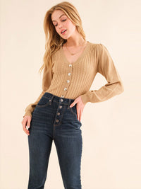 WOMEN'S LONG SLEEVE V-NECK BUTTON UP KNIT BODYSUIT