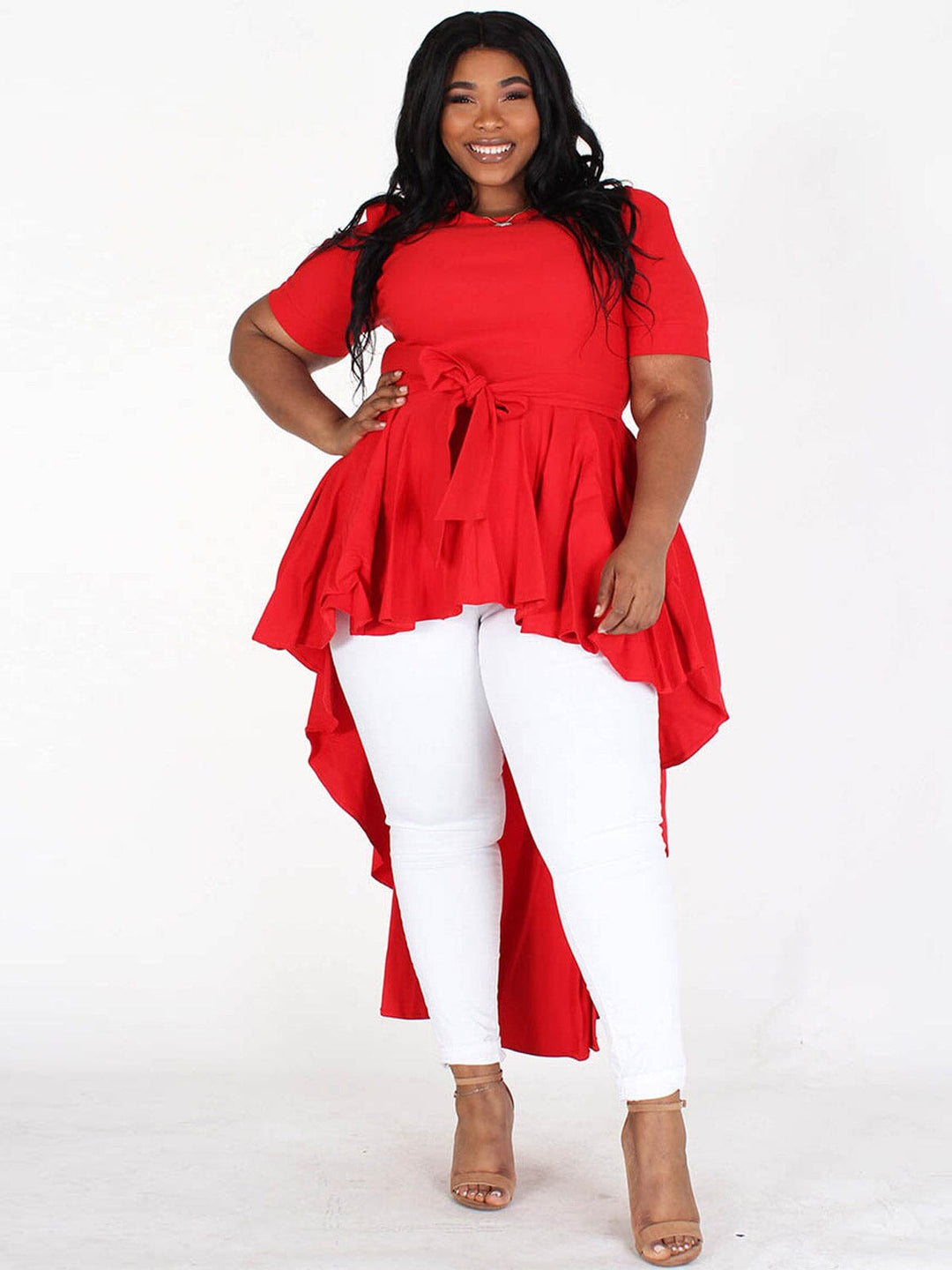 PLUS SIZE SHORT SLEEVES RUFFLE HIGH-LOW SELF TIE TOP