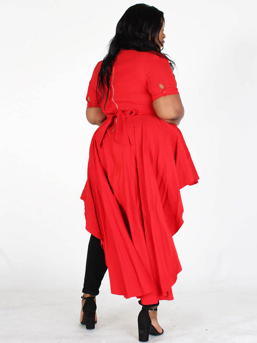 PLUS SIZE SHORT SLEEVES RUFFLE HIGH-LOW SELF TIE TOP
