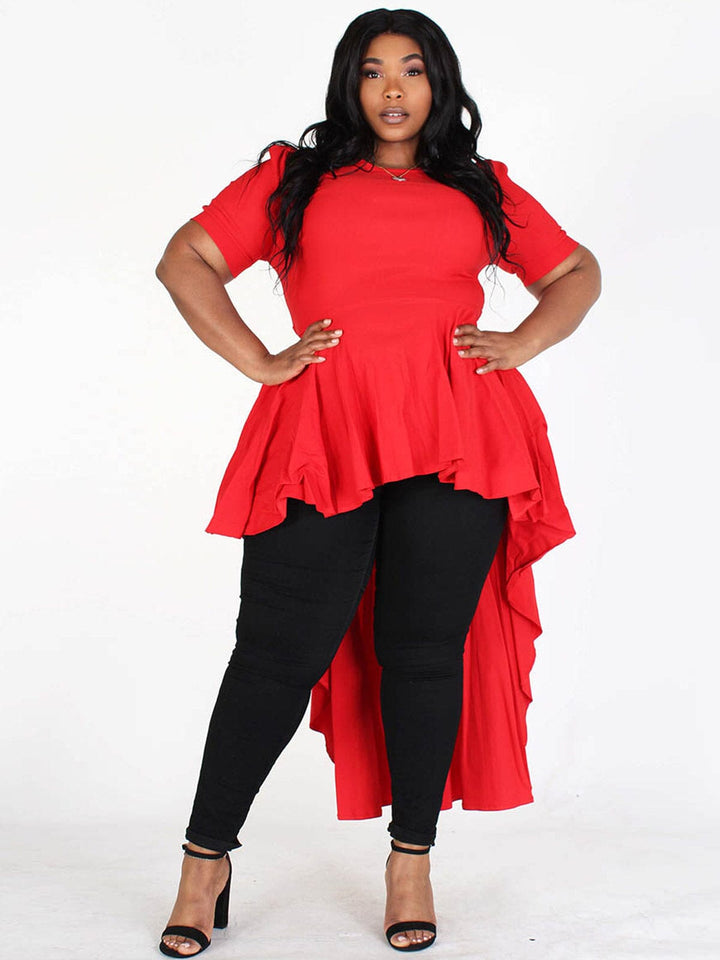 PLUS SIZE SHORT SLEEVES RUFFLE HIGH-LOW SELF TIE TOP