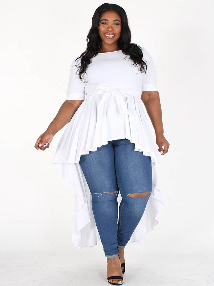 PLUS SIZE SHORT SLEEVES RUFFLE HIGH-LOW SELF TIE TOP