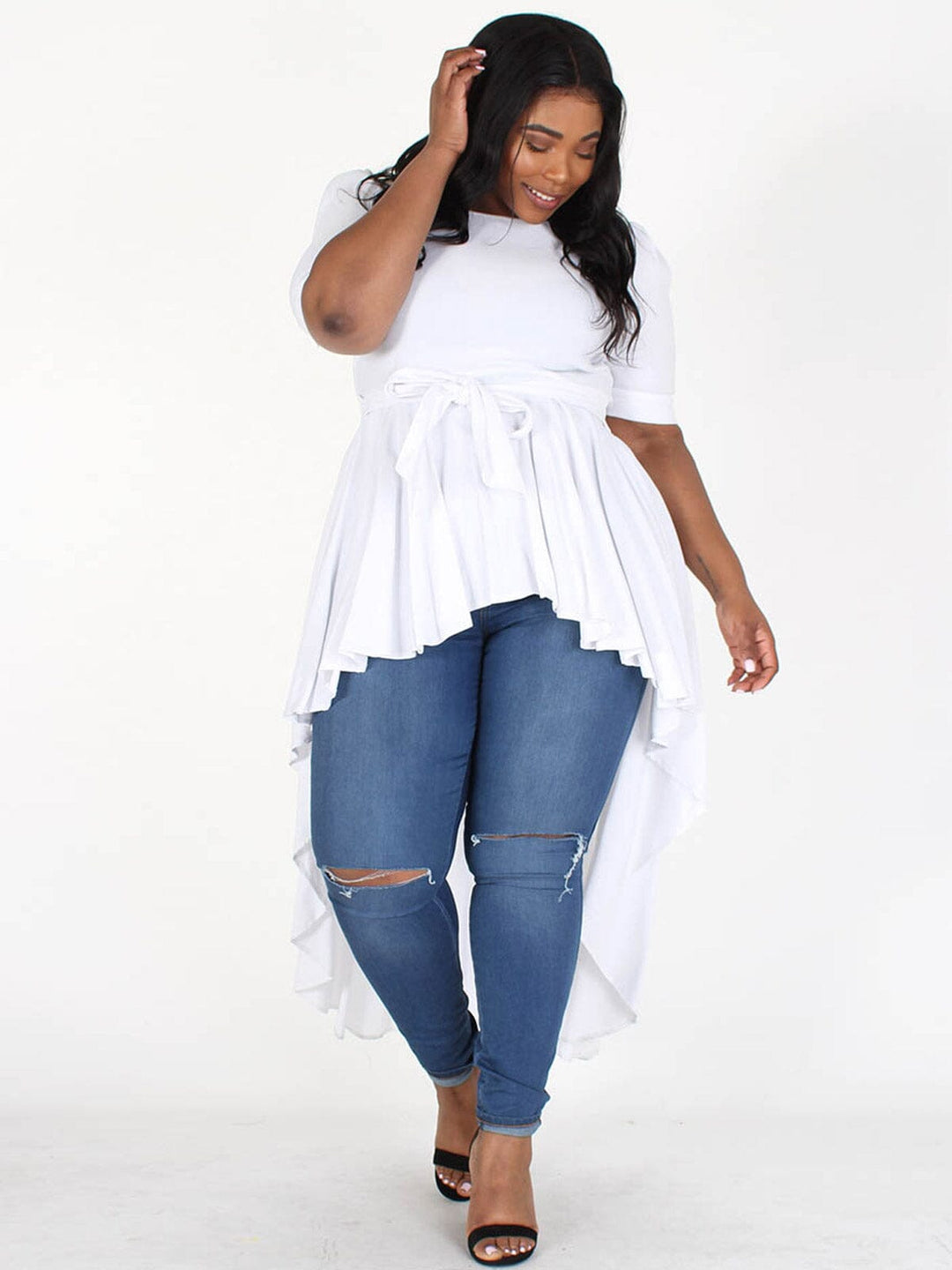 PLUS SIZE SHORT SLEEVES RUFFLE HIGH-LOW SELF TIE TOP