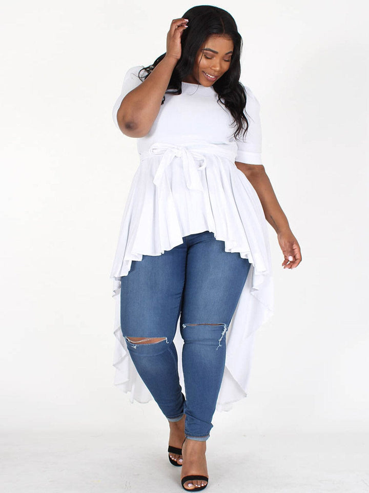 PLUS SIZE SHORT SLEEVES RUFFLE HIGH-LOW SELF TIE TOP