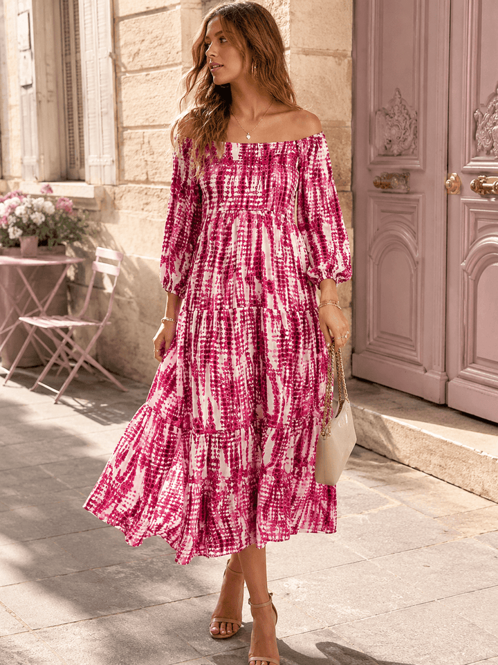 WOMEN'S 3/4 SLEEVES SQUARE NECK SMOCK ANIMAL PRINT MAXI DRESS