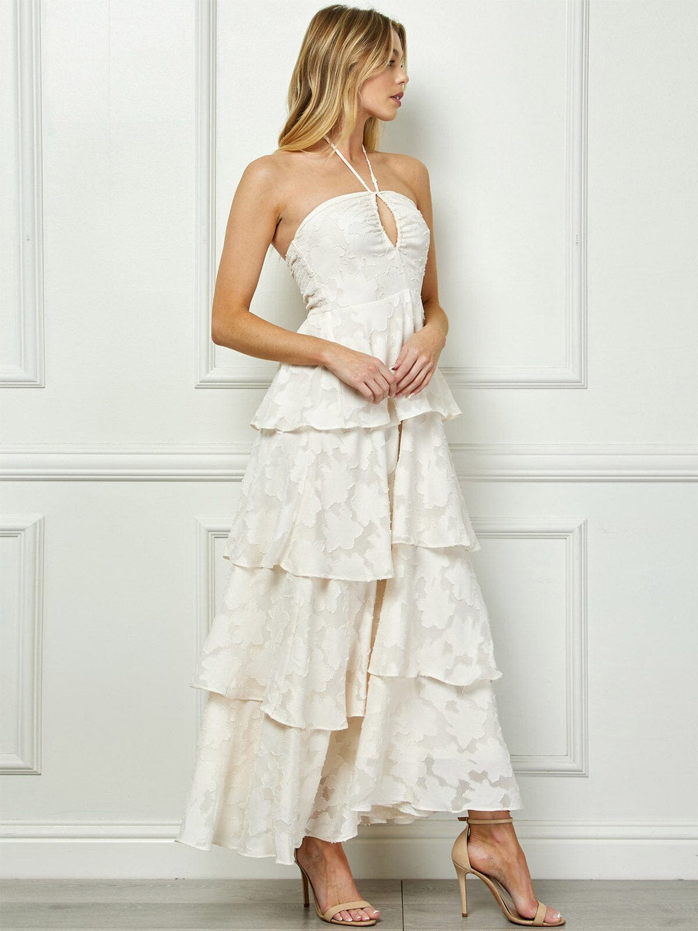 WOMEN'S SLEEVELESS HALTER NECK FLORAL RUFFLE TIERED MAXI DRESS