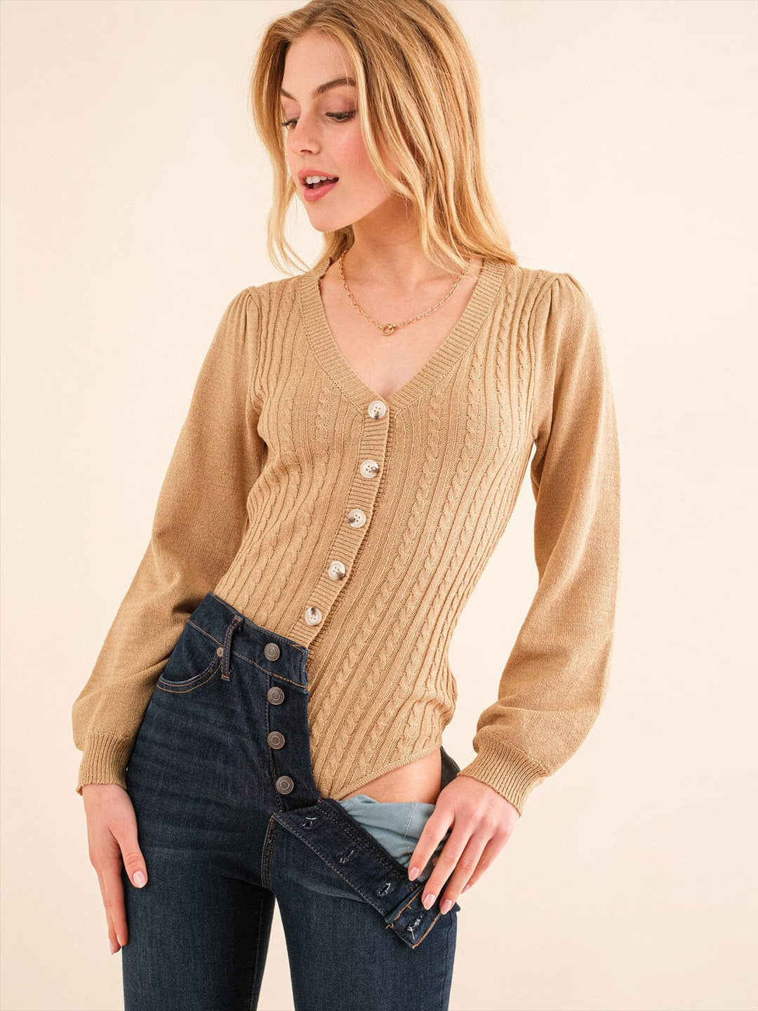 WOMEN'S LONG SLEEVE V-NECK BUTTON UP KNIT BODYSUIT