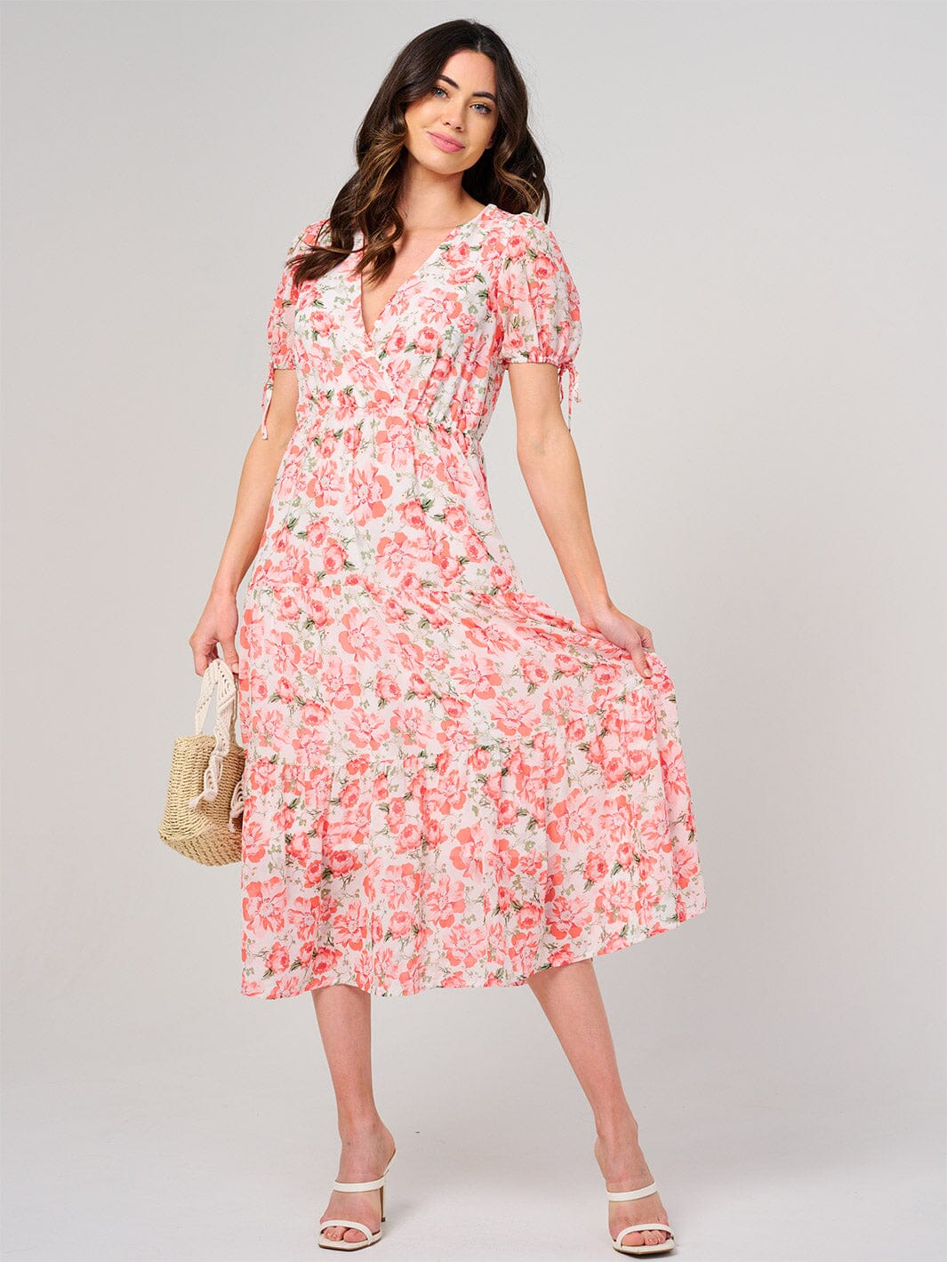 WOMEN'S SHORT SLEEVE SURPLICE FLORAL MIDI DRESS